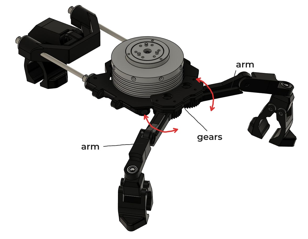 CAD of the coupling with the two lower arms labelled and red arrows showing how each swings