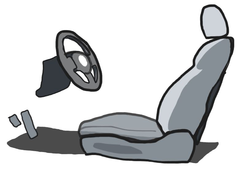 Sketch of a driver's seat, pedals and steering wheel